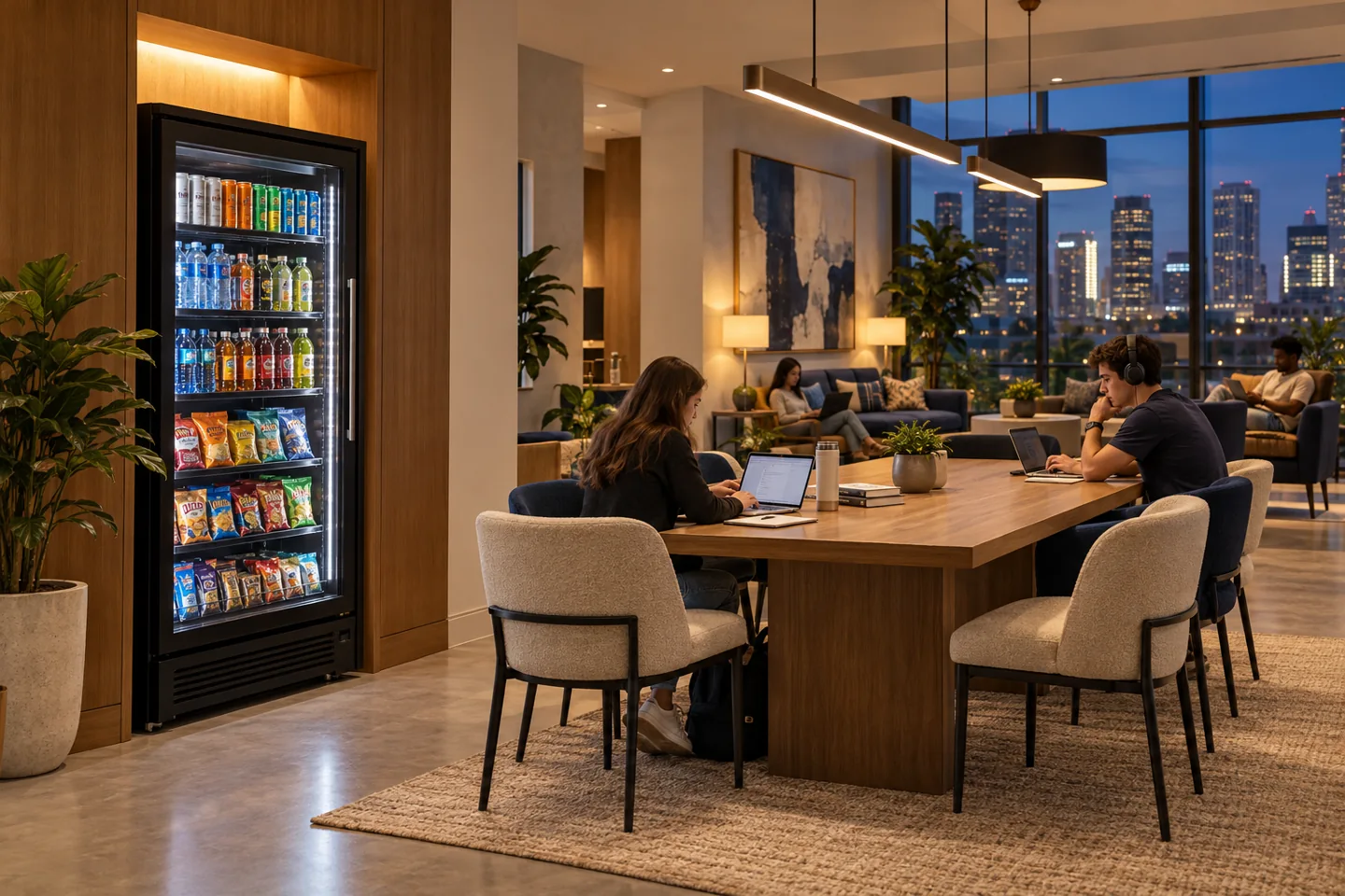 Illustrative student housing lounge with a smart cooler beside a study area